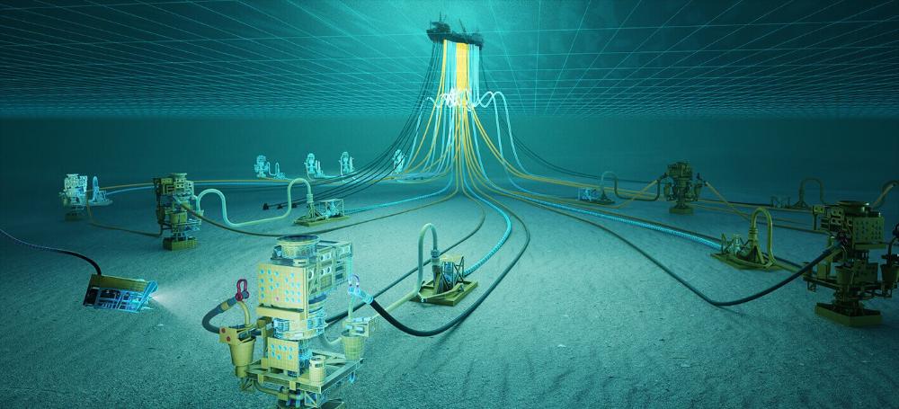 Imagem 3D representando cabos no fundo do oceano, vindos de uma plataforma de petróleo na superfície.