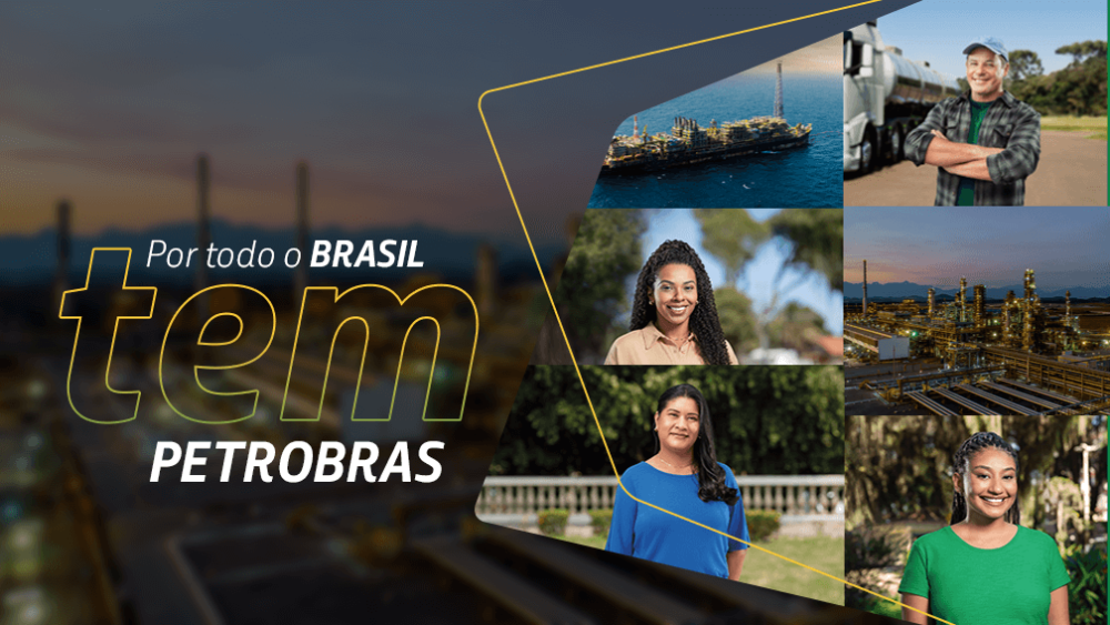 Montagem de três fotos de mulheres, uma foto de um homem, uma foto de plataforma de petróleo e uma foto de refinaria. 