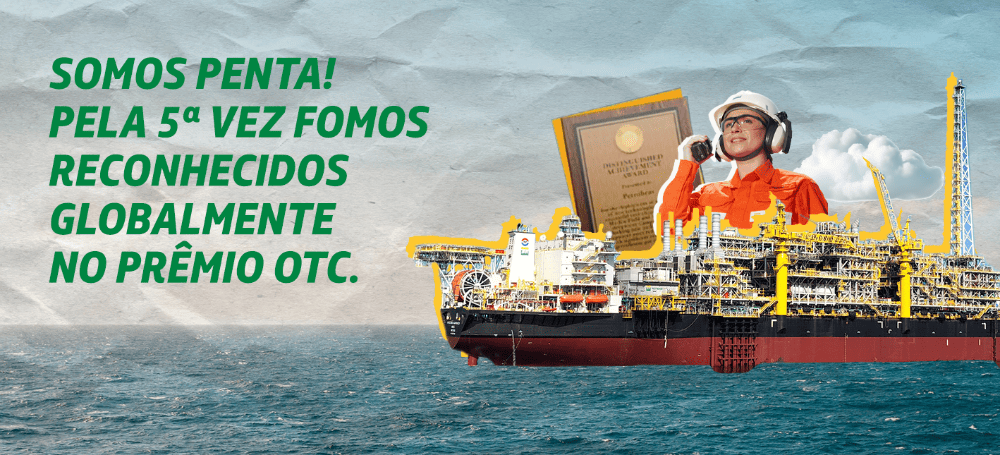 Colagem da foto de uma plataforma de petróleo e de um prêmio sobre uma foto da superfície do oceano.