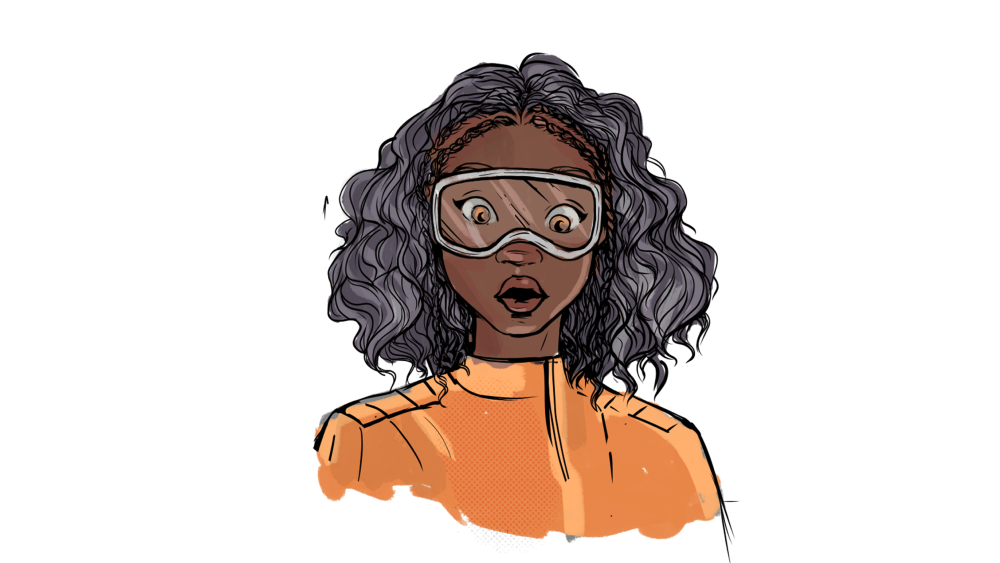 Ilustração do rosto de Petra, que tem cabelos e pele negra, usa óculos de proteção e macacão laranja.