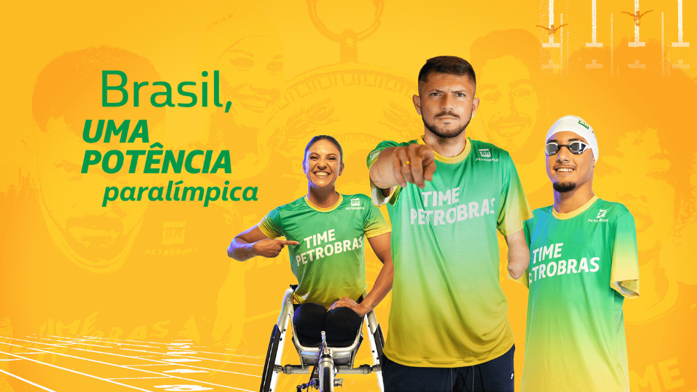 Atletas paralímpicos do Time Petrobras posam com uniforme verde e amarelo.