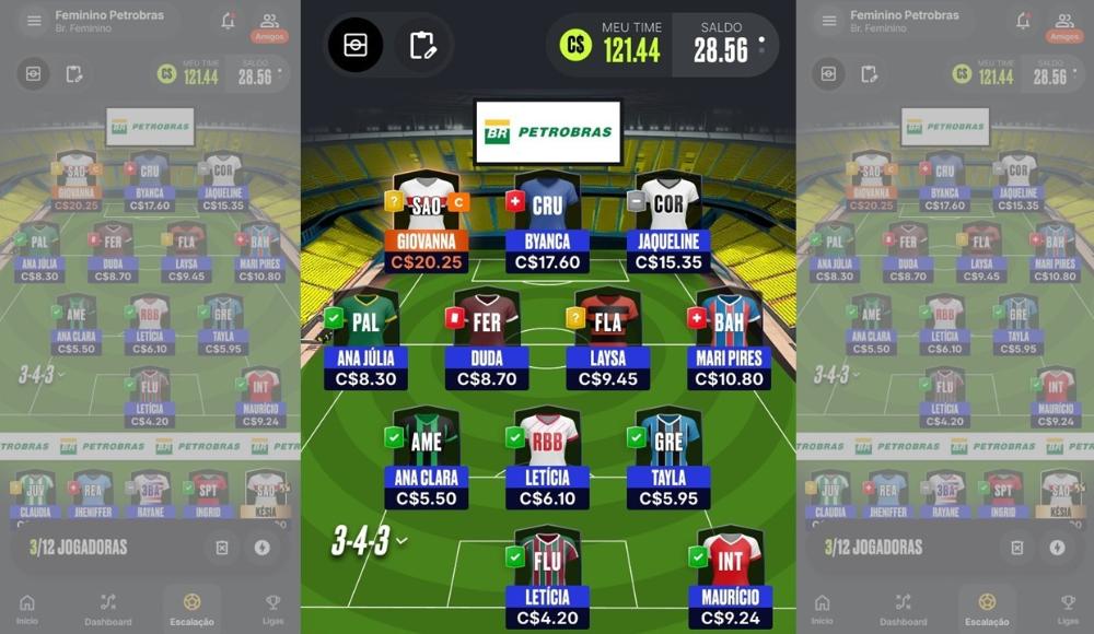 Três telas mostrando as seleções de futebol feminino, com as jogadoras escaladas.