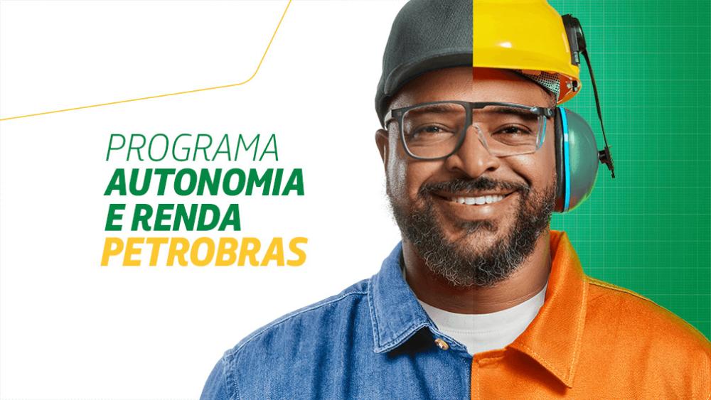 Banner do Programa Autonomia e Renda Petrobras com homem sorridente em montagem dividida entre roupa casual e uniforme de segurança.
