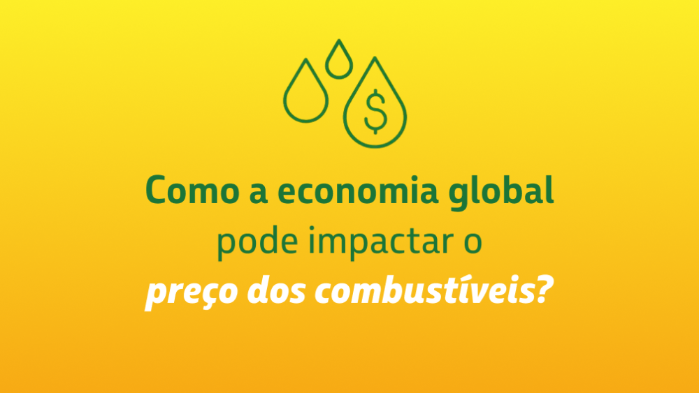 Ícone de três gotas, tendo uma delas um cifrão dentro. Abaixo, está o seguinte texto: Como a economia global pode impactar o preço dos combustíveis?